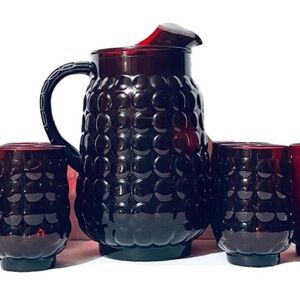 Vintage Anchor Hocking Glass Ruby Red Bubble   Pitcher & 6 Glasses Set